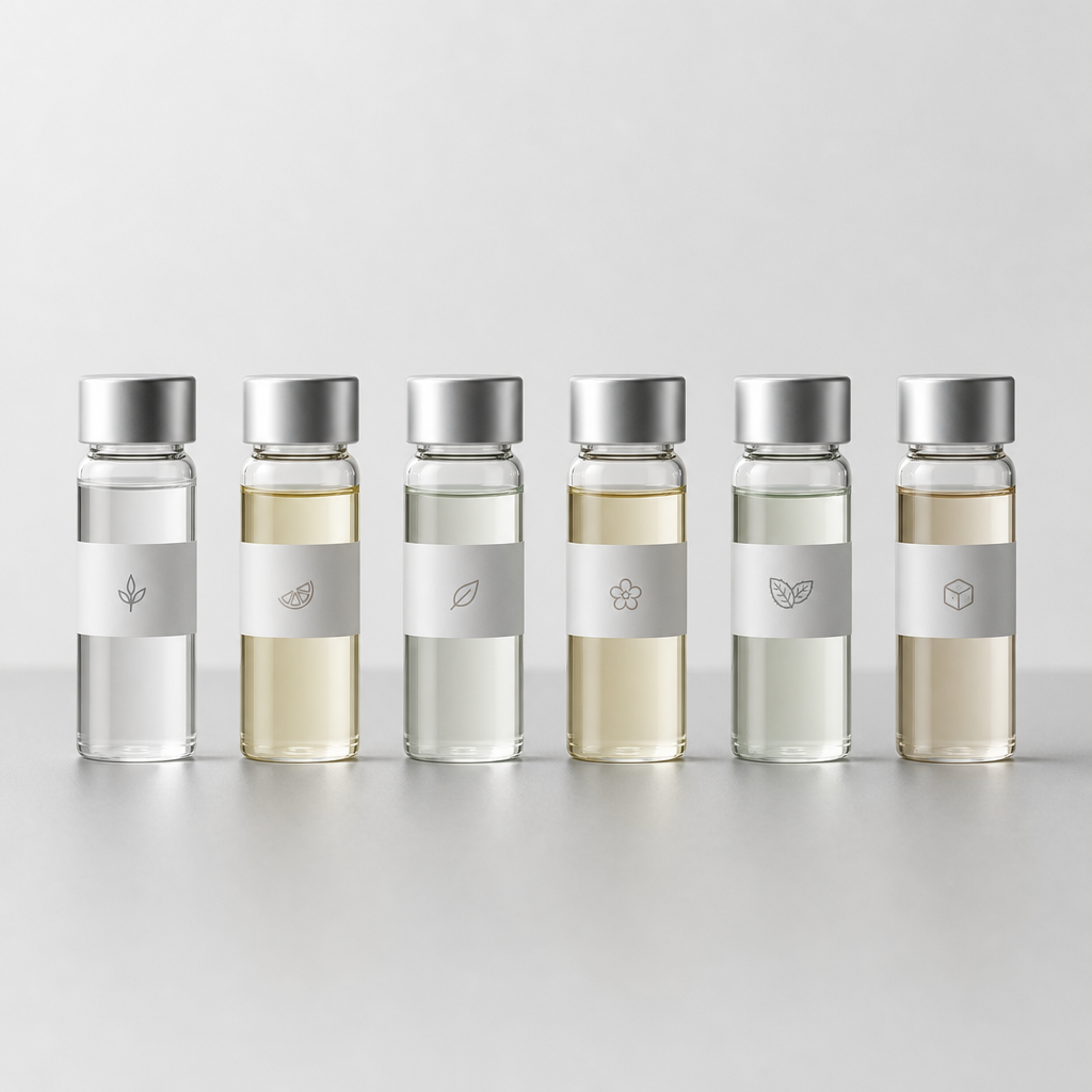 A lineup of six clear glass flavor sample vials with silver caps on a soft gray surface, each with a subtle label strip.