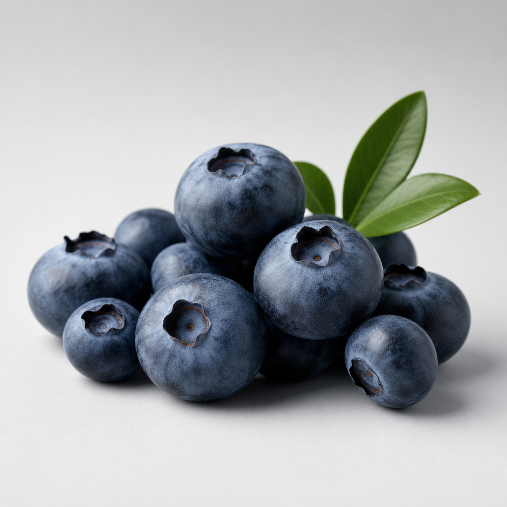 Luxury studio photograph of plump blueberries with soft bloom and refined shadows on a light-gray backdrop