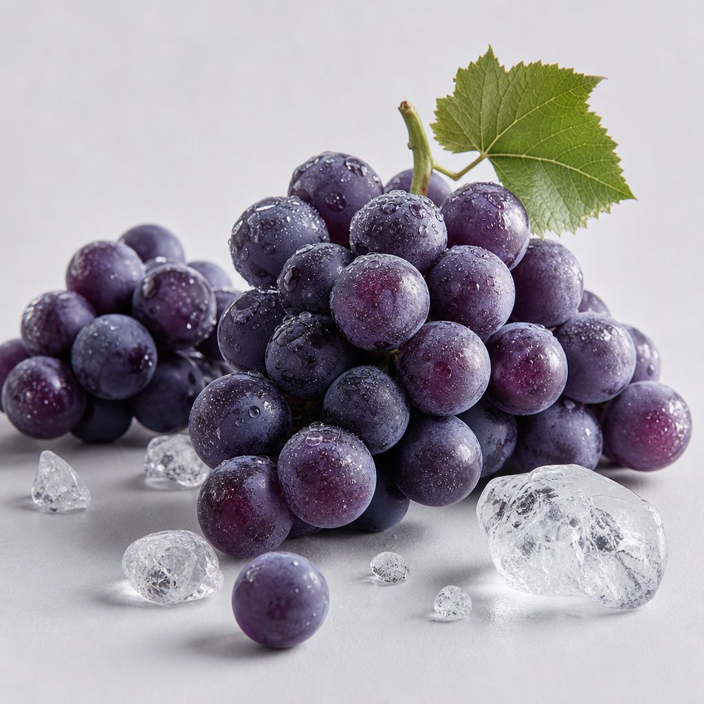 Premium studio scene of deep purple grape clusters with crisp ice crystals and cool highlights on a soft gray surface