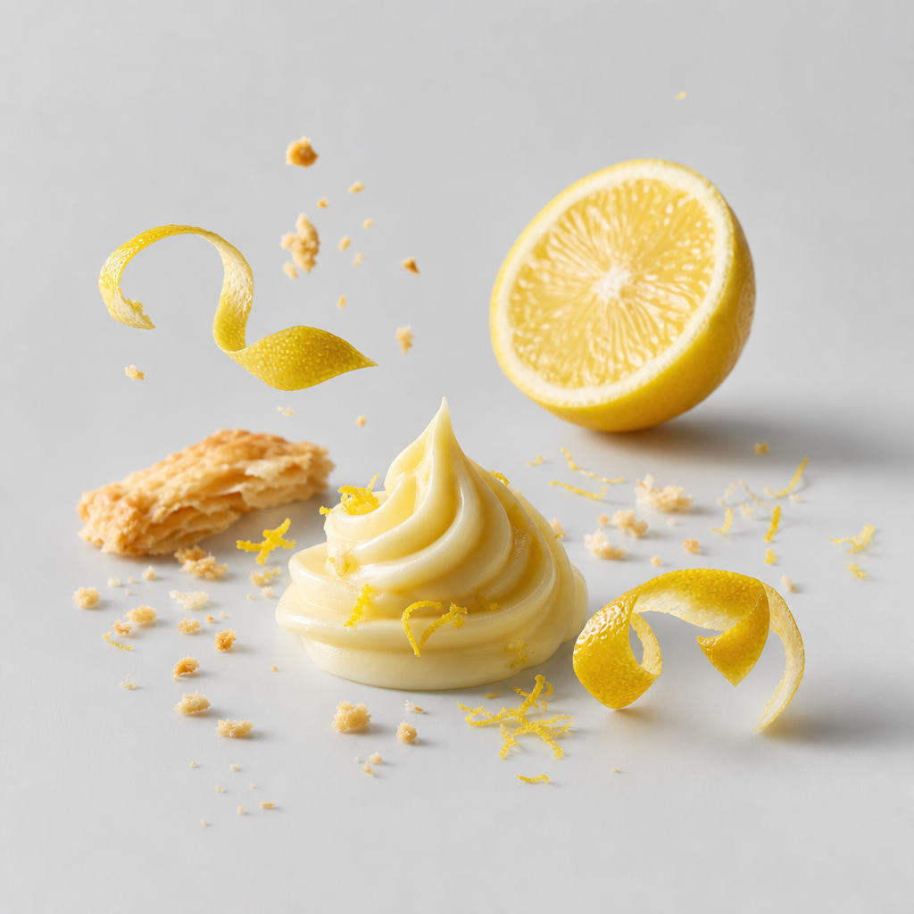 Luxury studio scene of lemon zest, creamy custard swirls, and delicate pastry crumbs on a clean light-gray surface