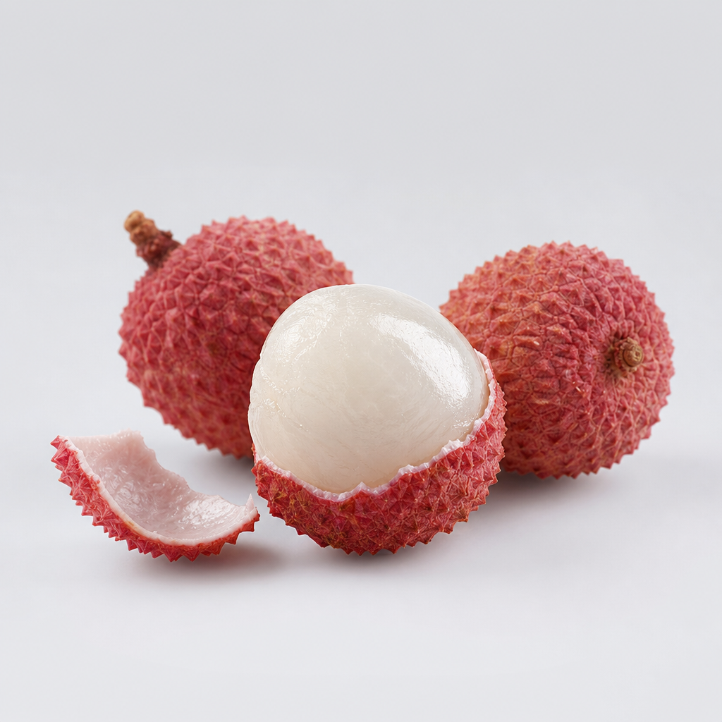 Premium studio still life of peeled lychee fruit with pearly texture and soft highlights on a pale gray backdrop