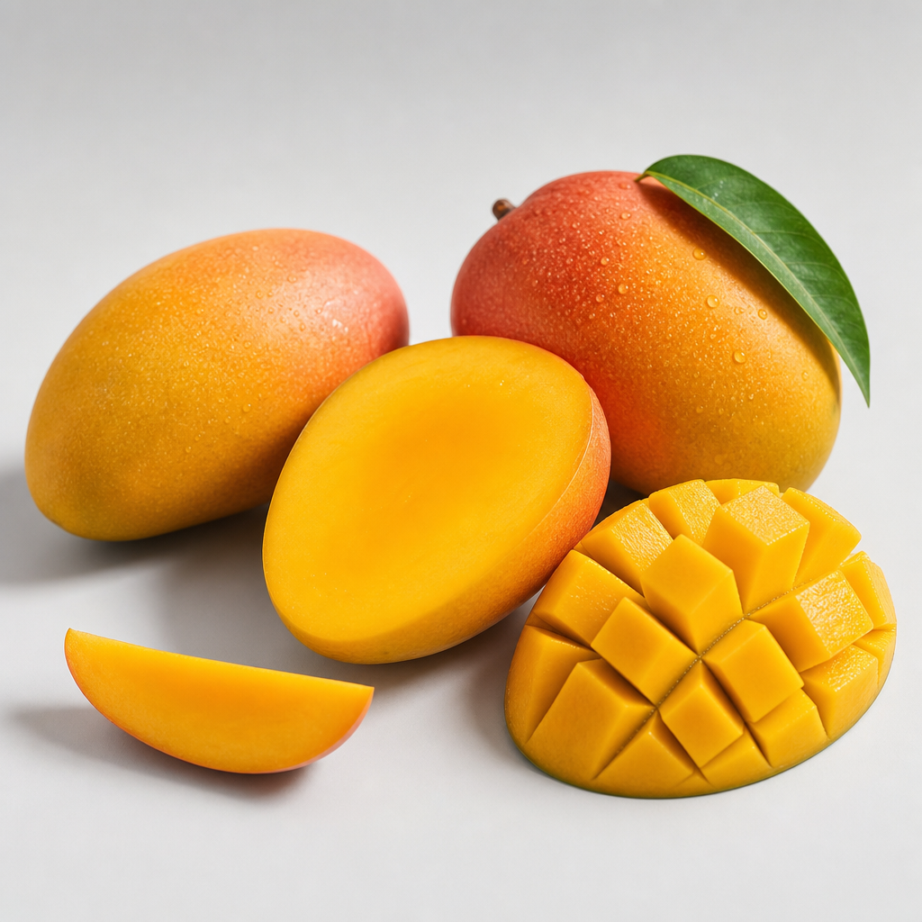 Premium studio shot of ripe mangoes with golden flesh and clean shadows on a soft gray backdrop