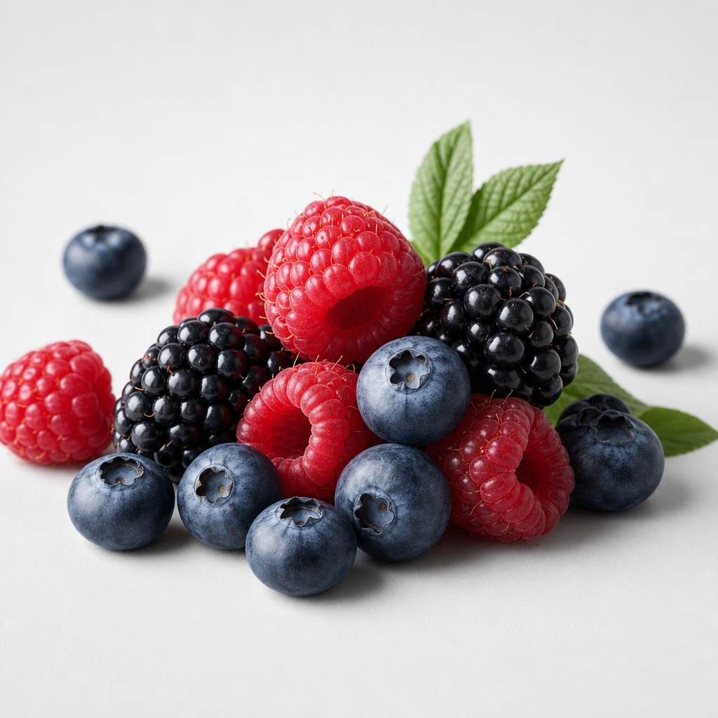 High-end studio arrangement of blueberries, raspberries, and blackberries with rich texture on a light-gray background