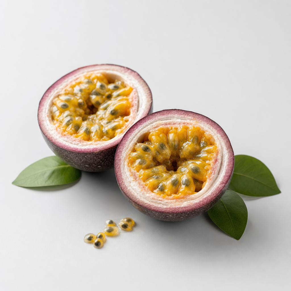 Refined studio composition of passion fruit halves with golden pulp and delicate seeds on a clean light-gray surface