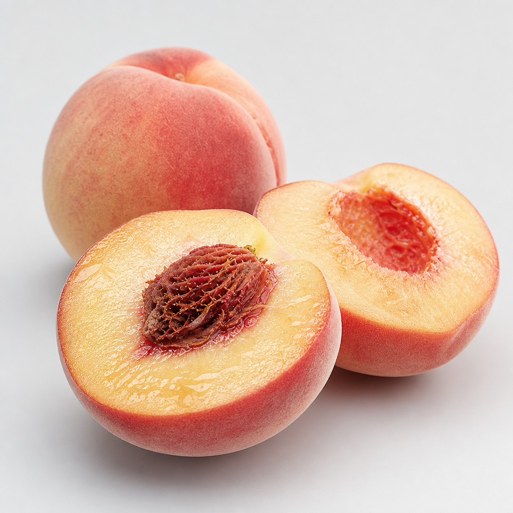 High-end studio close-up of ripe peach halves with velvety skin and glossy flesh on a pale gray background