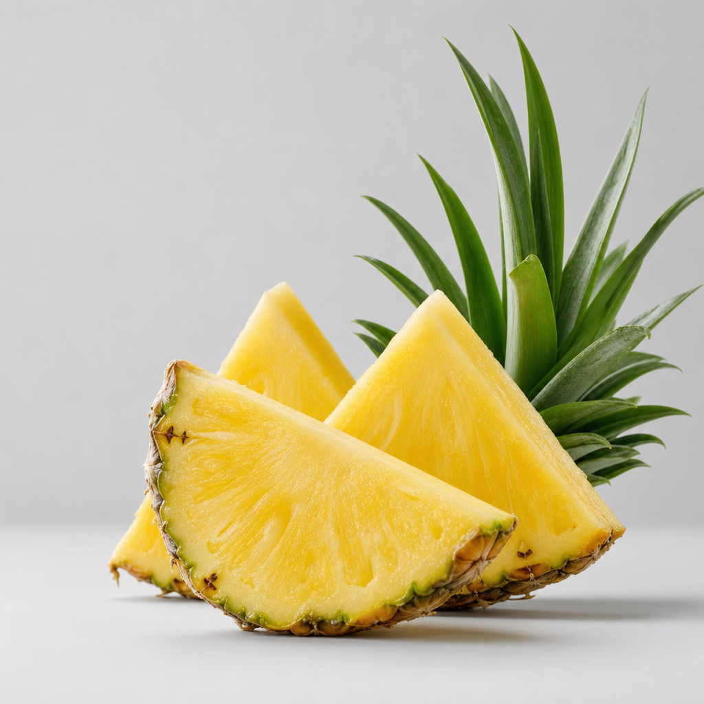Premium studio shot of fresh pineapple wedges with crisp texture and soft highlights on a light-gray background