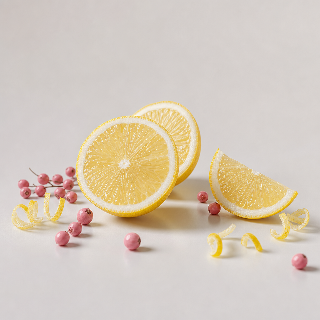 Luxury studio scene of lemon slices with pink berries and delicate citrus zest on a clean light-gray surface