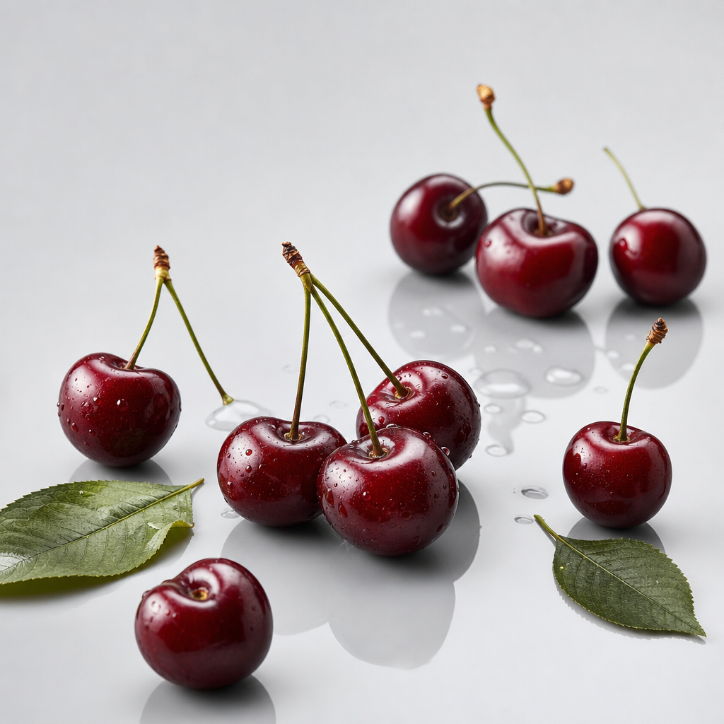 High-end studio still life of glossy sour cherries with stems and subtle reflections on a pale gray surface