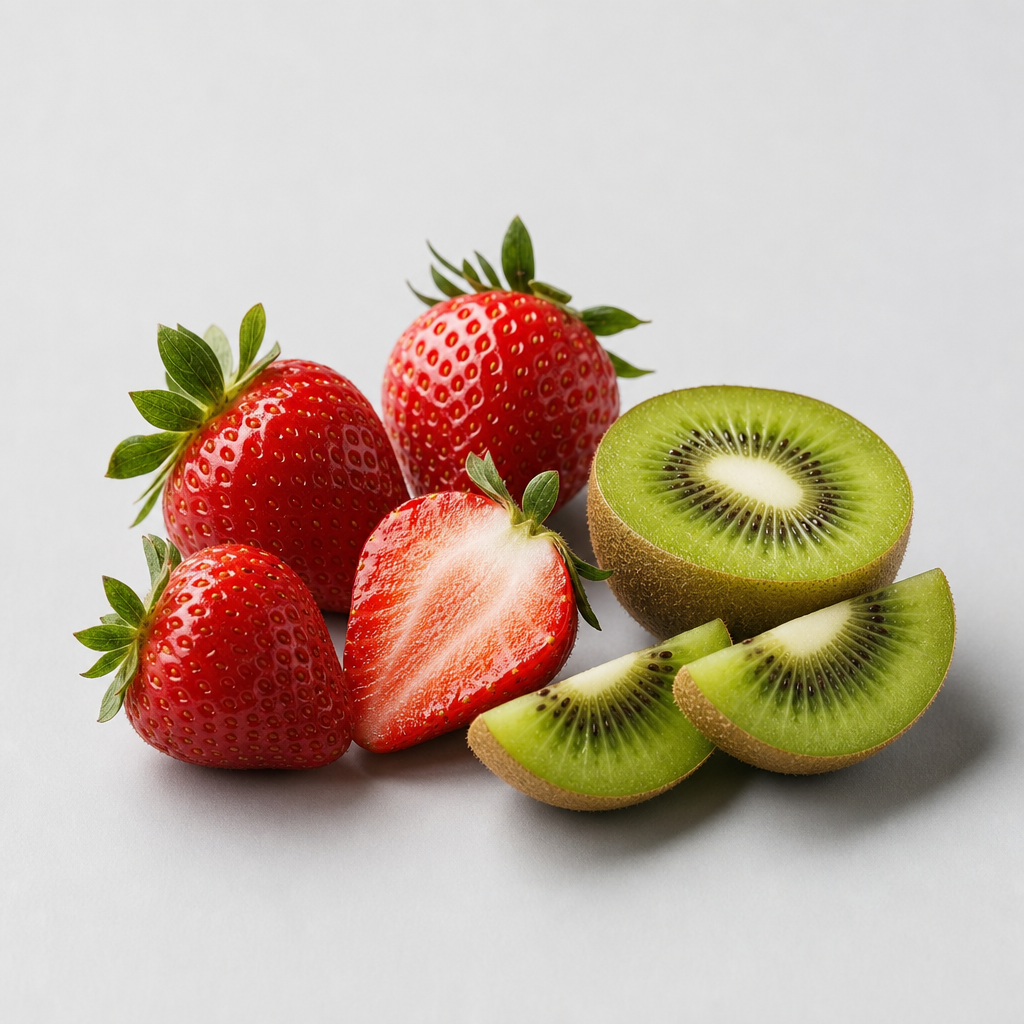 Refined studio still life of ripe strawberries and sliced green kiwi with clean highlights on a light-gray surface