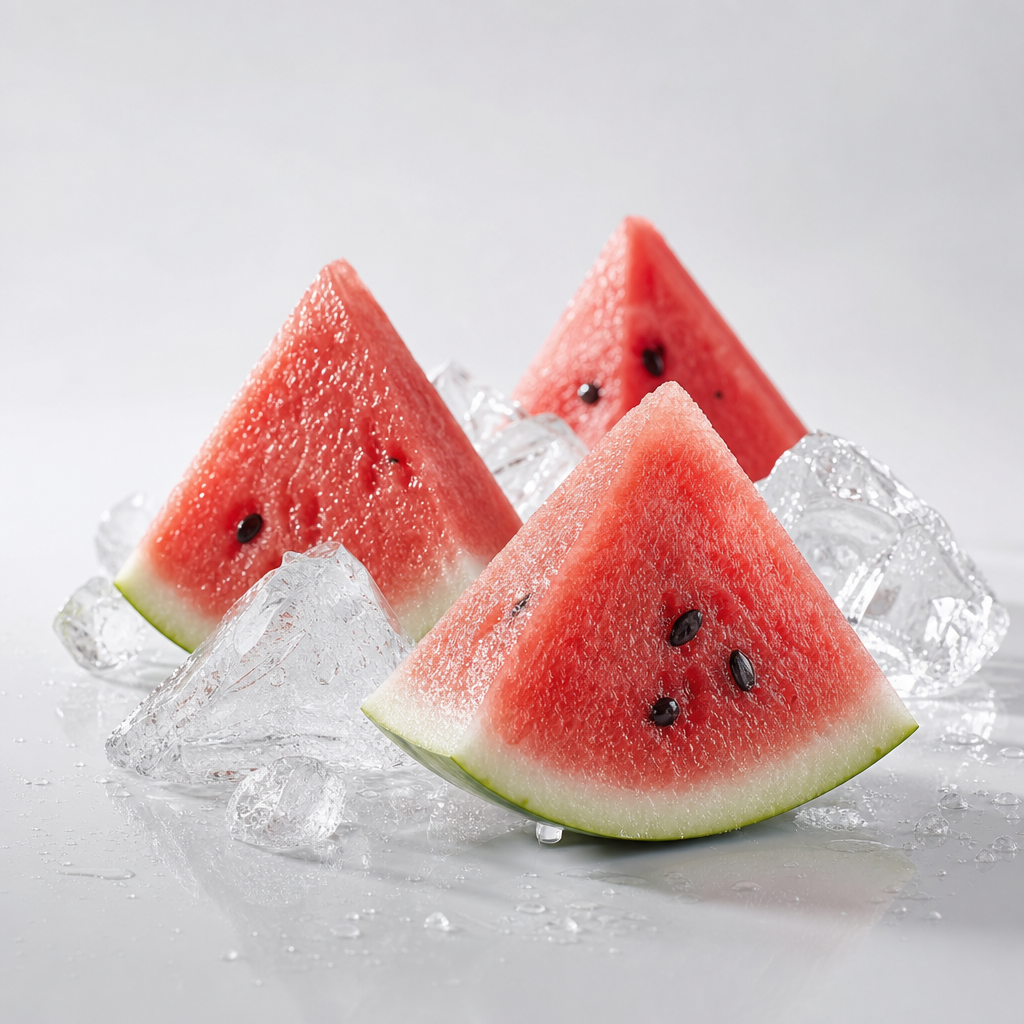 Premium studio composition of crisp watermelon wedges with translucent ice shards and cool condensation on a soft light-gray background