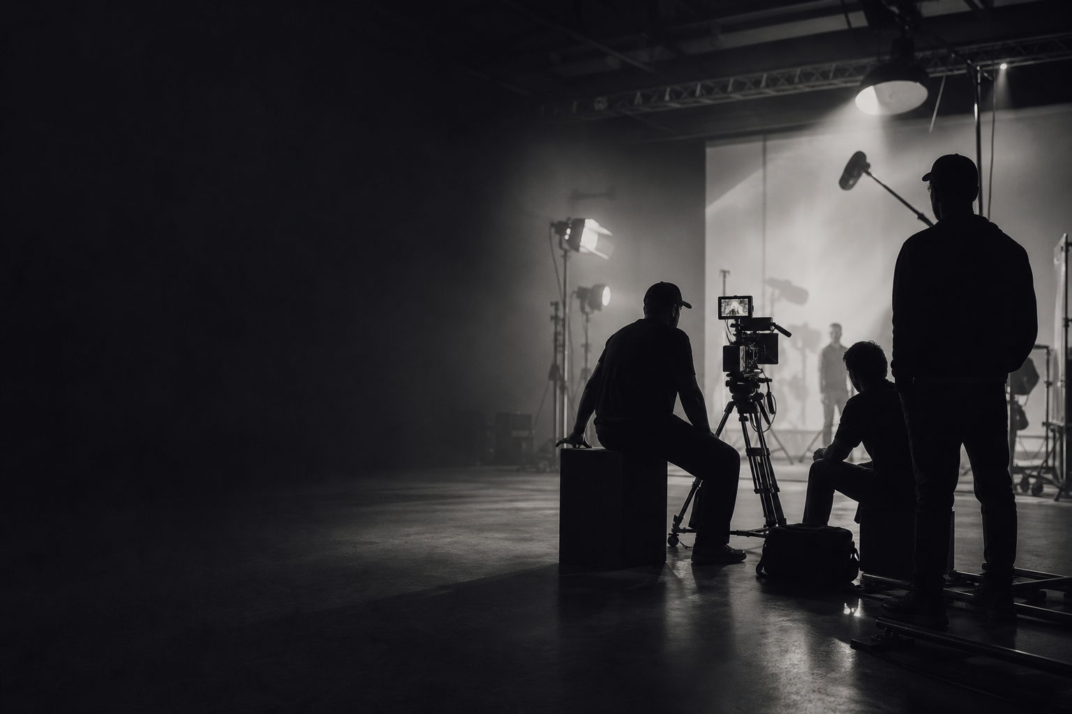 Cinematic production scene inside a contemporary studio with a director and crew shaping a high-contrast narrative frame