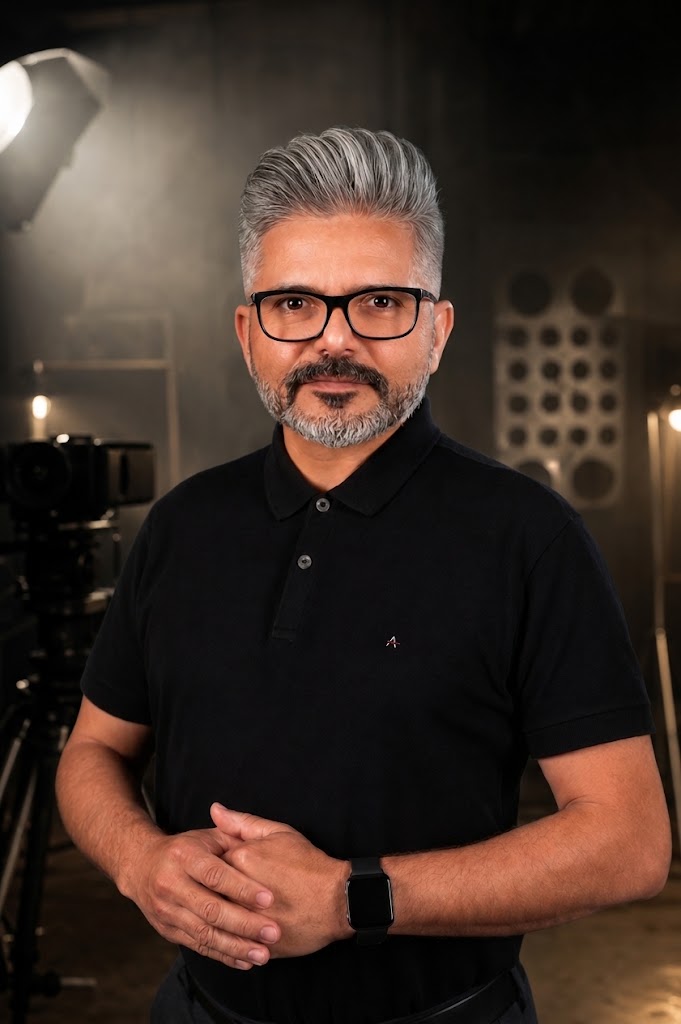 Retrato de Wesley Meoli, fundador da MEOLI.TV, em luz dramática monocromática