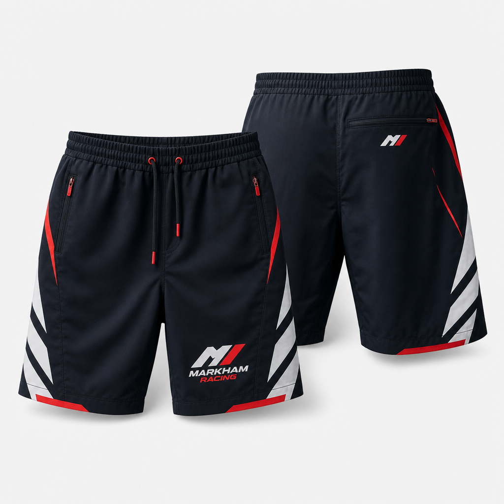 Premium racing-inspired shorts in deep navy with lightweight structure and crisp red accents.