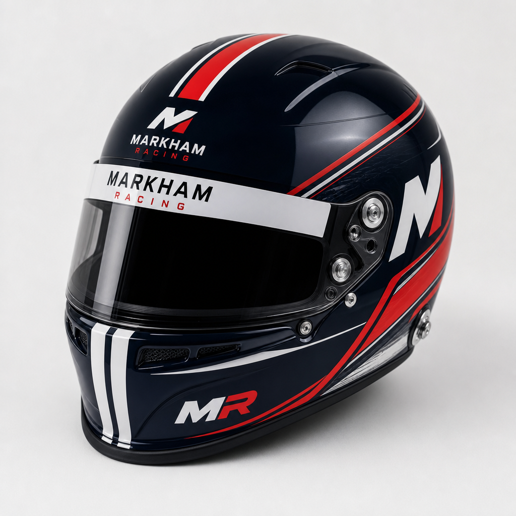Collector-style full-face helmet concept in deep navy with racing red accent lines and white striping.