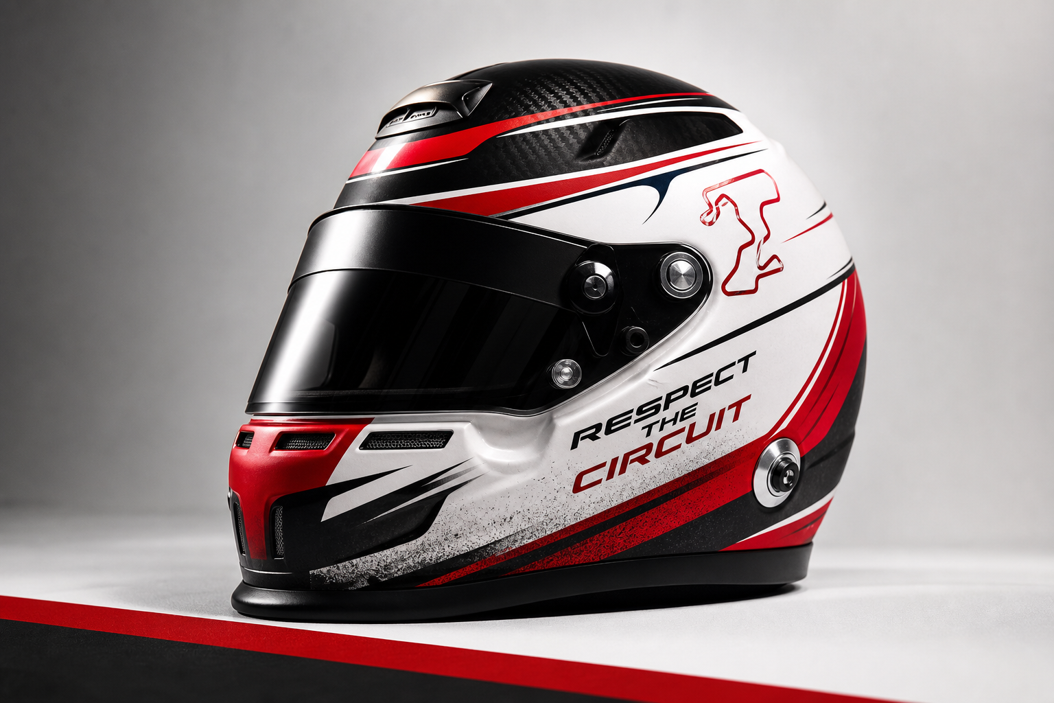 Collector-style full-face helmet concept with serious motorsport aesthetic and red accent lines.
