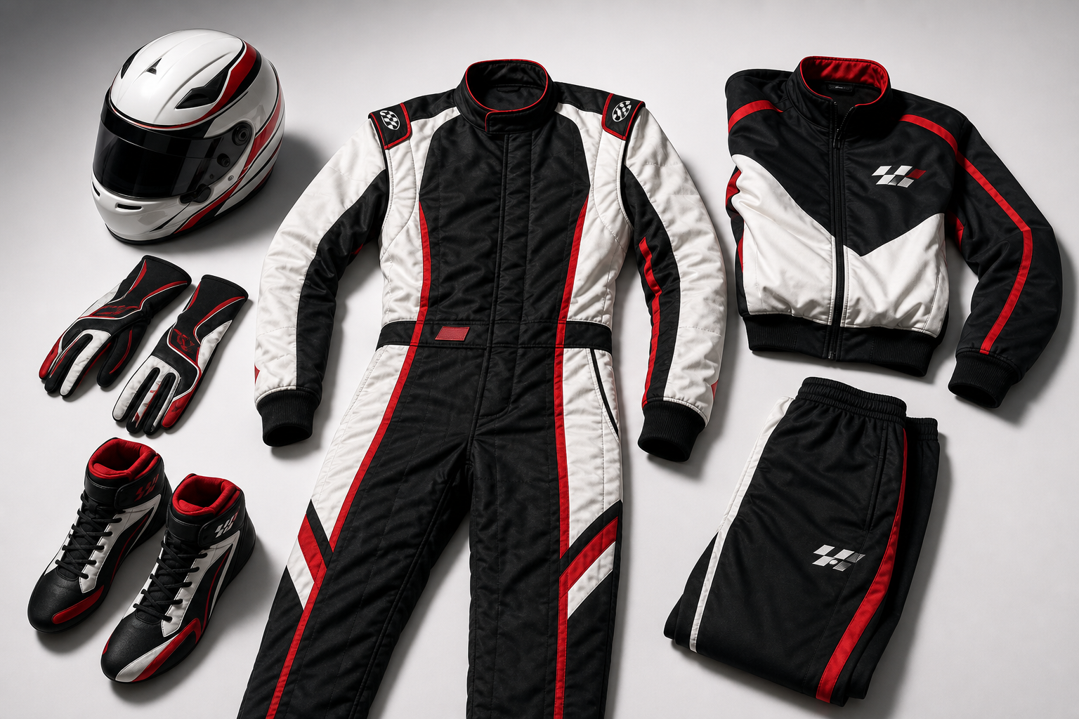 Performance-inspired two-piece racing uniform in the signature white, black, and red palette.