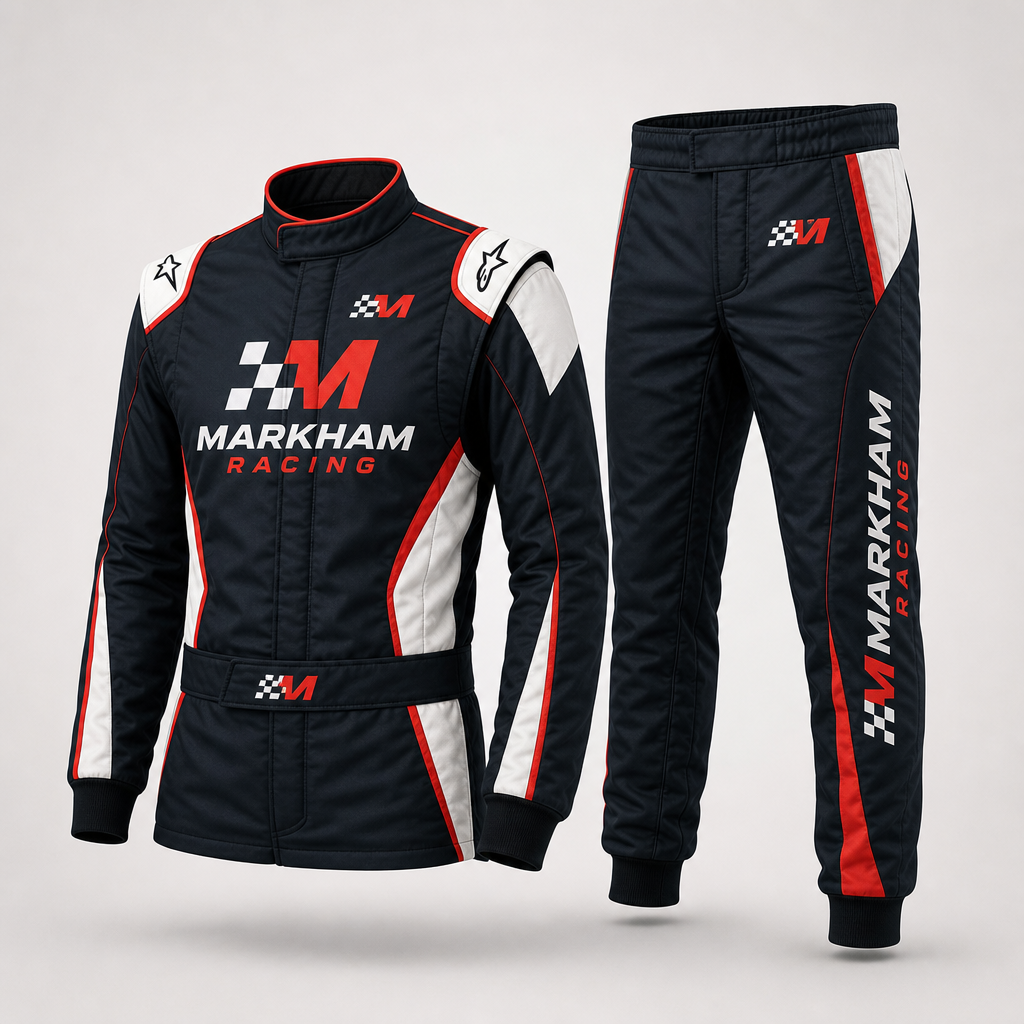 Performance-inspired two-piece racing uniform in deep navy, white, and red with precision paneling.