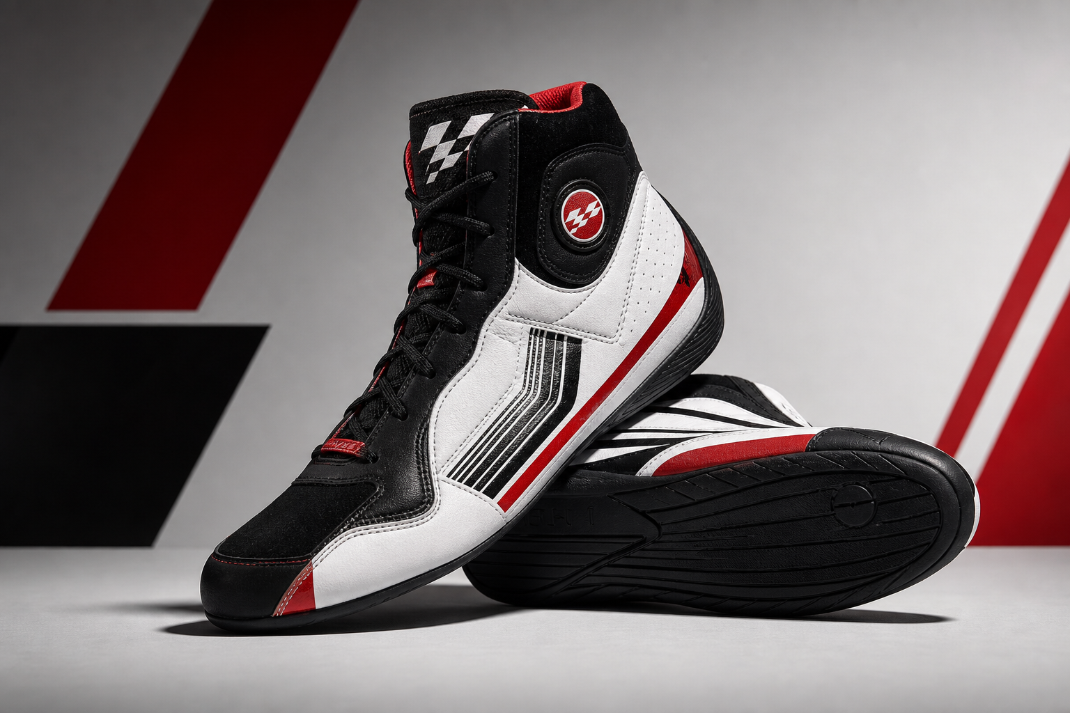 Low-profile racing sneakers in white, black, and red with performance-driven silhouette.
