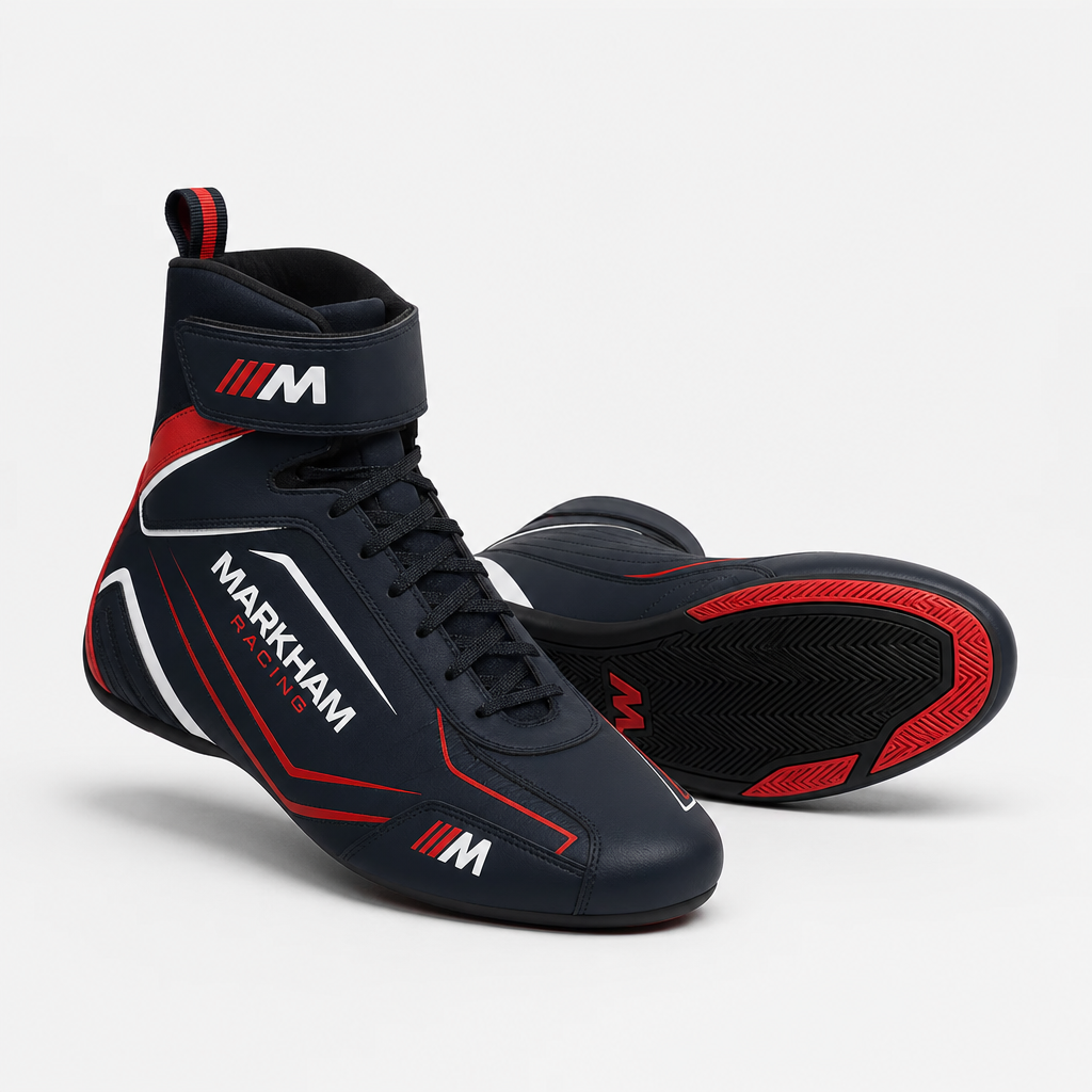 Low-profile racing sneakers in deep navy, white, and red with a performance-driven silhouette.