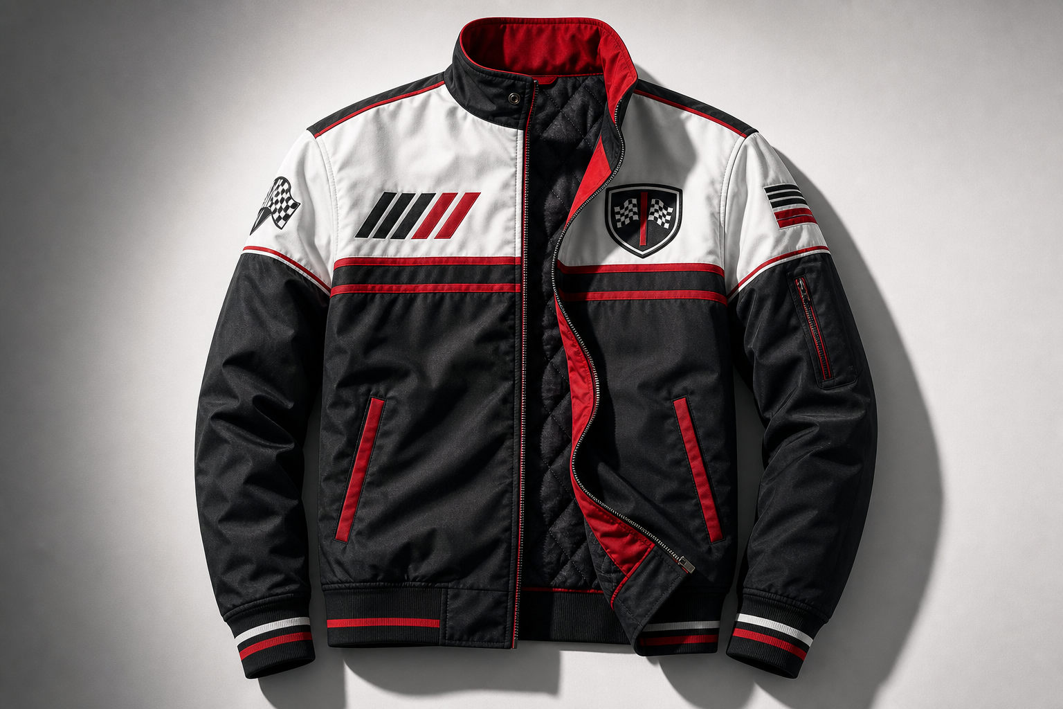 Premium structured racing jacket in white, black, and red with heritage striping and clean motorsport detailing.