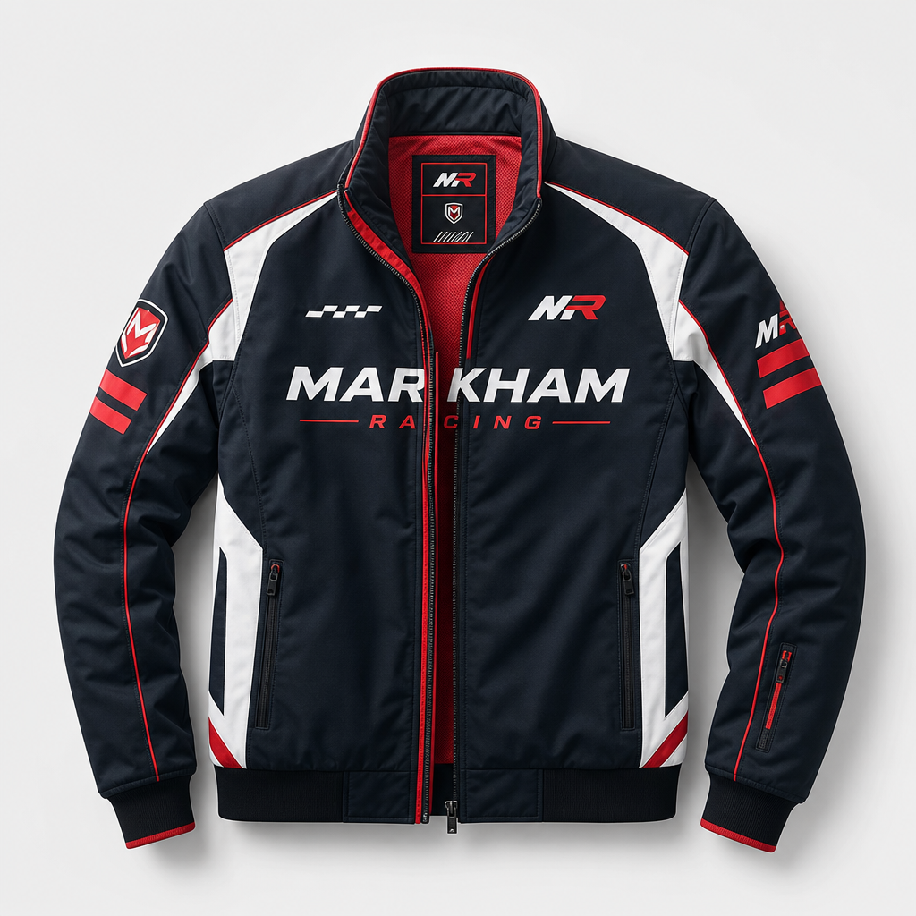 Premium structured racing jacket in deep navy, white, and racing red with heritage striping and clean motorsport detailing.