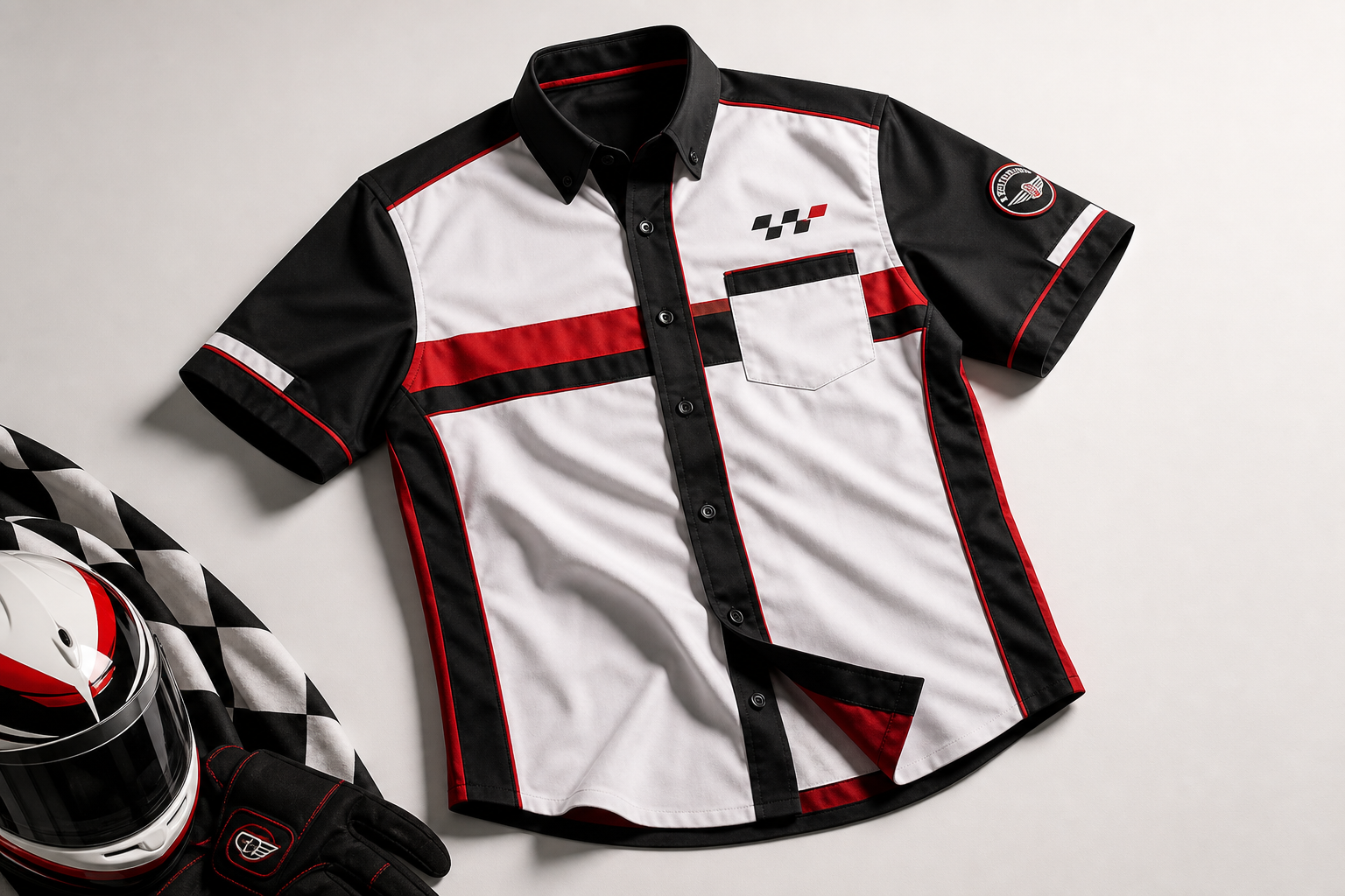 Tailored shirt with minimal racing graphics for a refined everyday motorsport look.