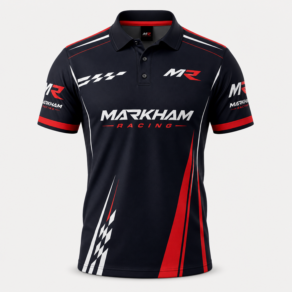 Tailored shirt with minimal racing graphics in deep navy, white, and red for a refined motorsport look.