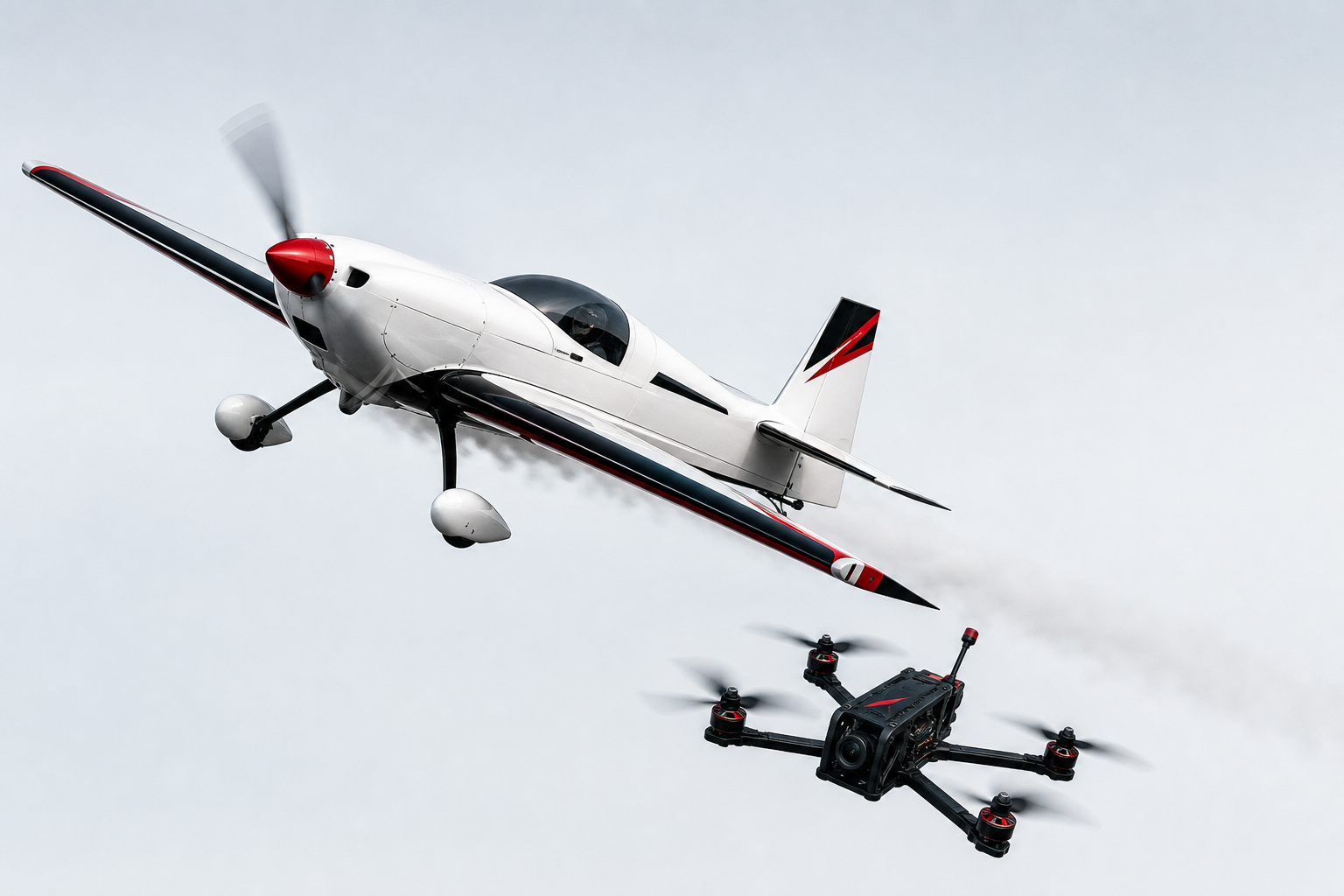 Sleek white racing plane banking above a minimal black drone in a clear sky