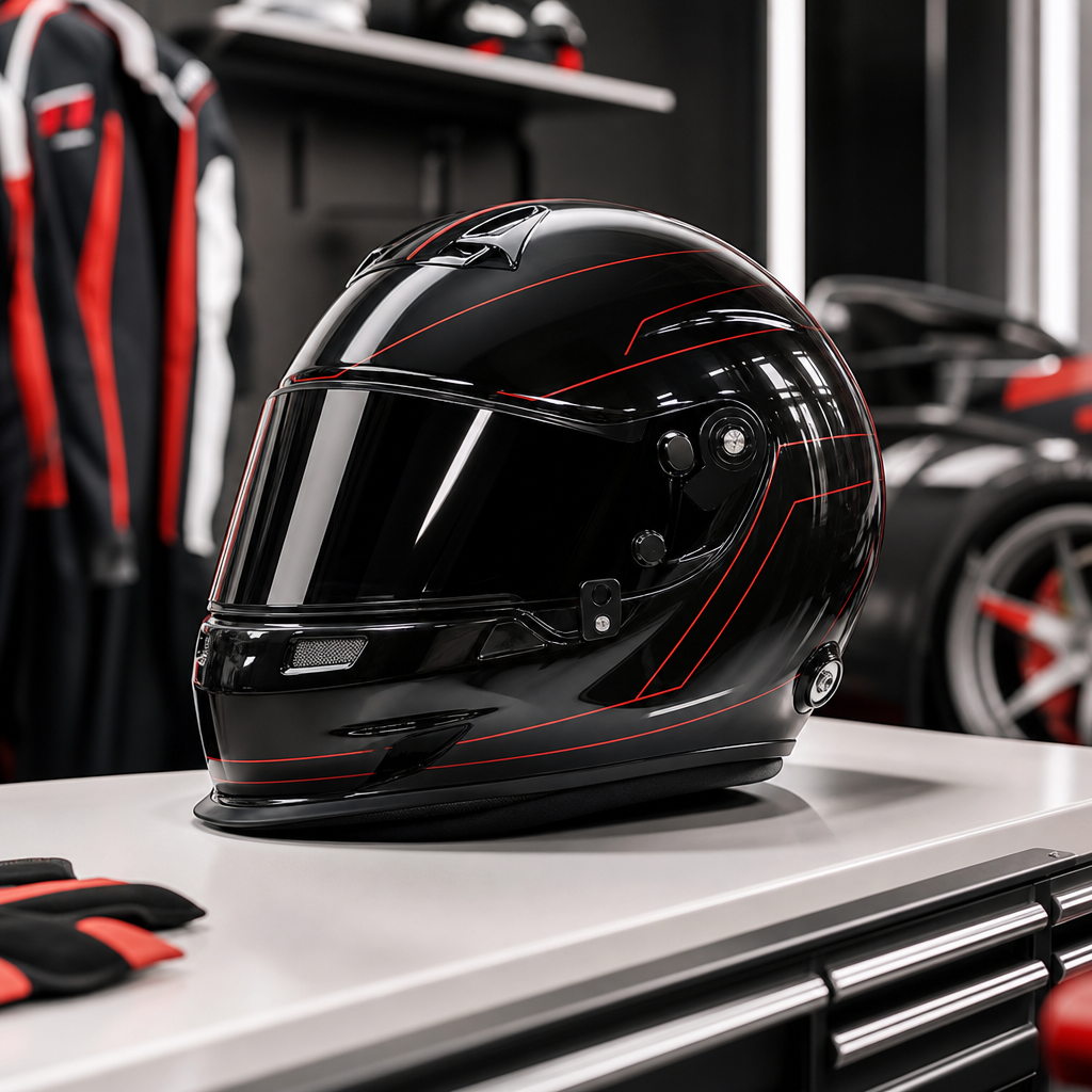 Gloss black racing helmet with red striping and reflective visor on a white workbench