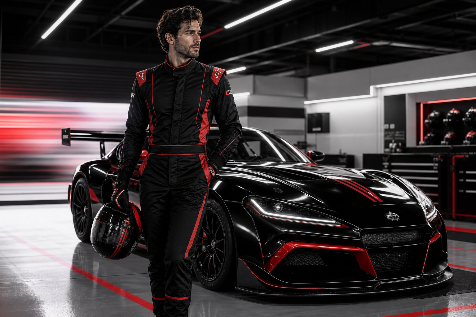 Premium racing uniform model beside a black and red track car, captured in a dramatic garage with motion-blurred light streaks