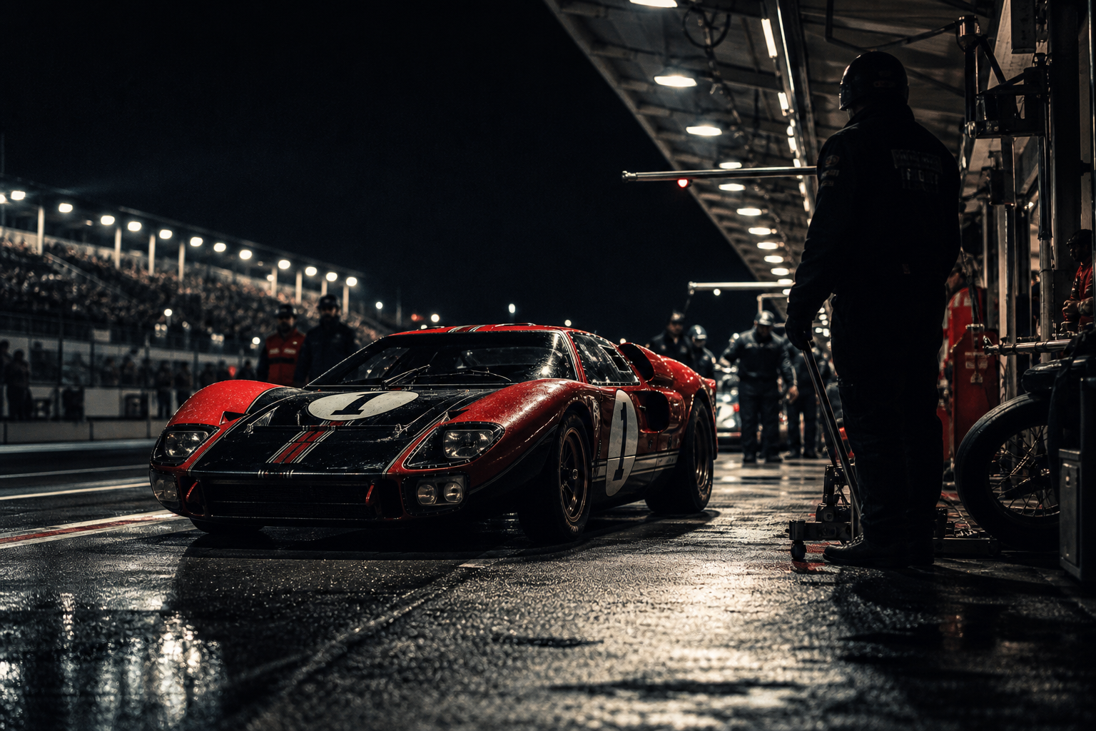 Vintage red and black endurance car in a night pit lane with crew silhouettes