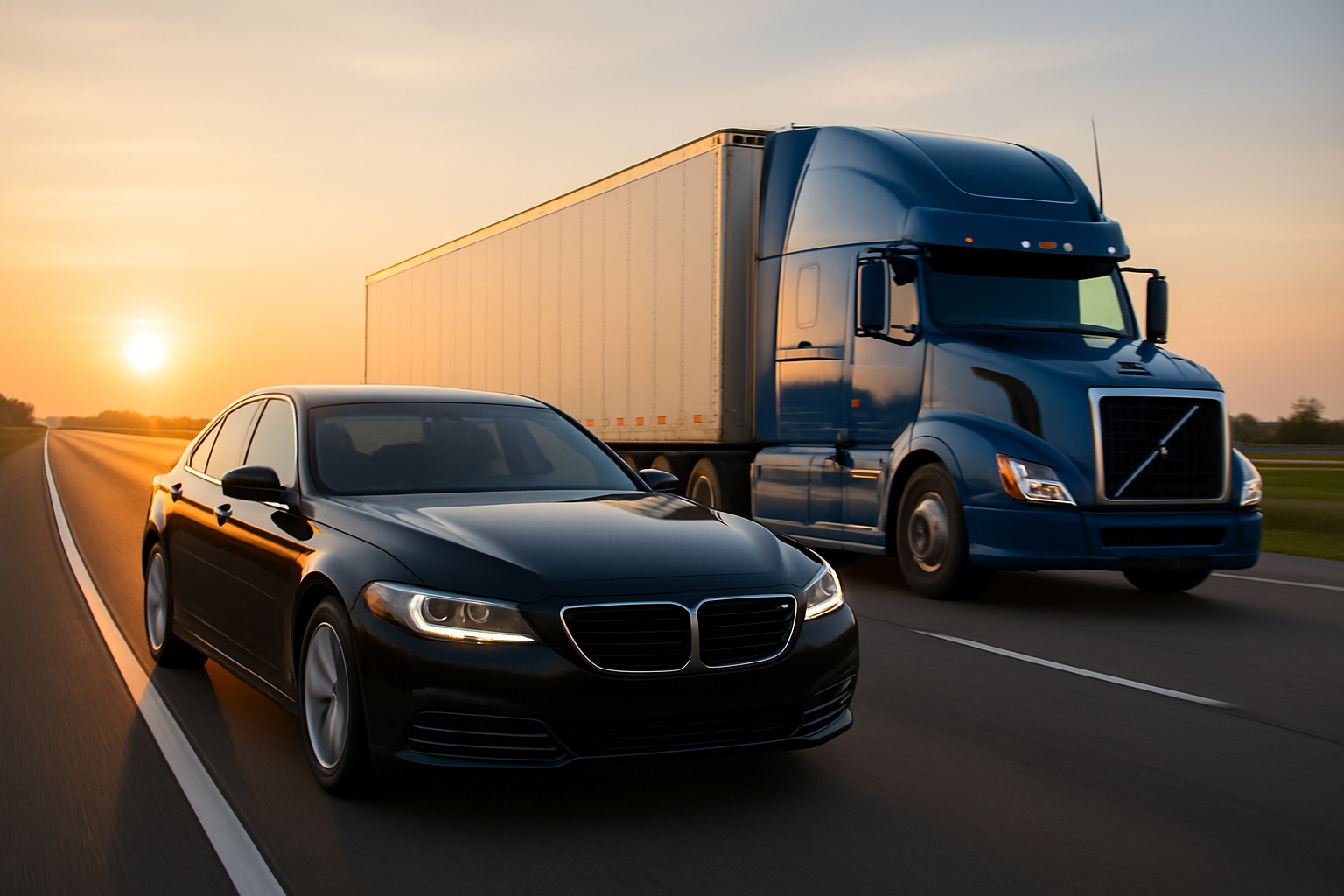 Executive black sedan leading a modern blue semi-truck hauling a white freight trailer on a sunrise highway