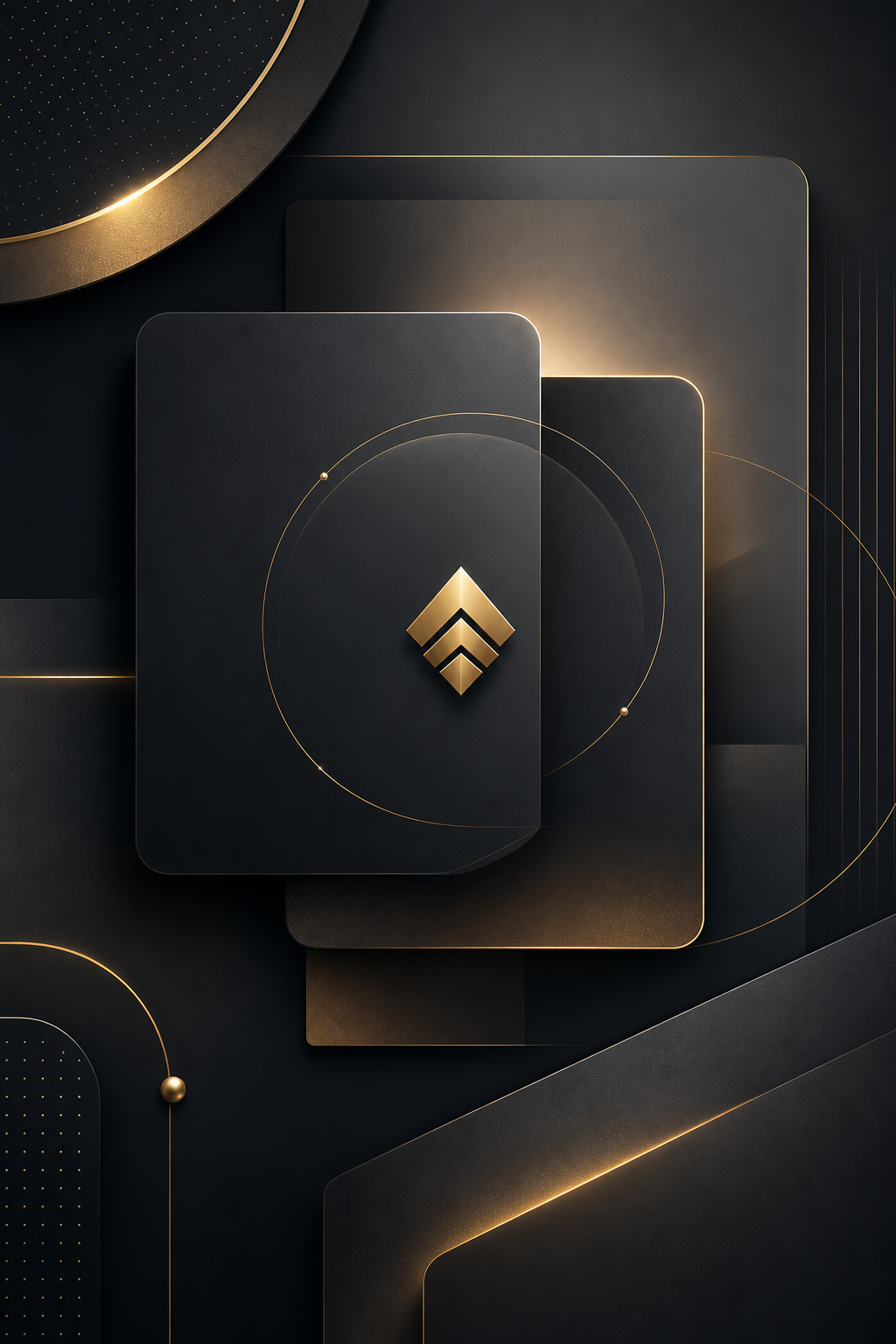 Refined abstract dark luxury brand composition with layered geometric panels, subtle gold-accent lines, soft gradients, and interface-inspired framing