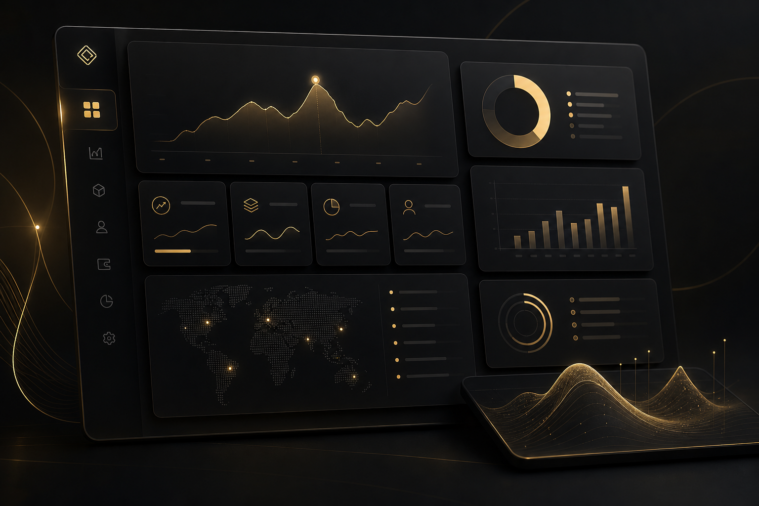 Premium abstract dashboard interface with dark panels, elegant gold highlights, and precise line details