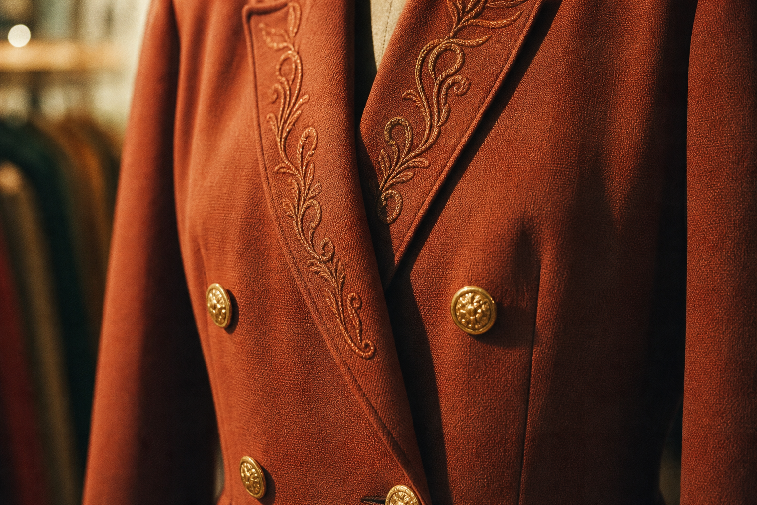 Close-up of a rust-colored vintage blazer with embroidered lapel detail, showing textured fabric and gold buttons