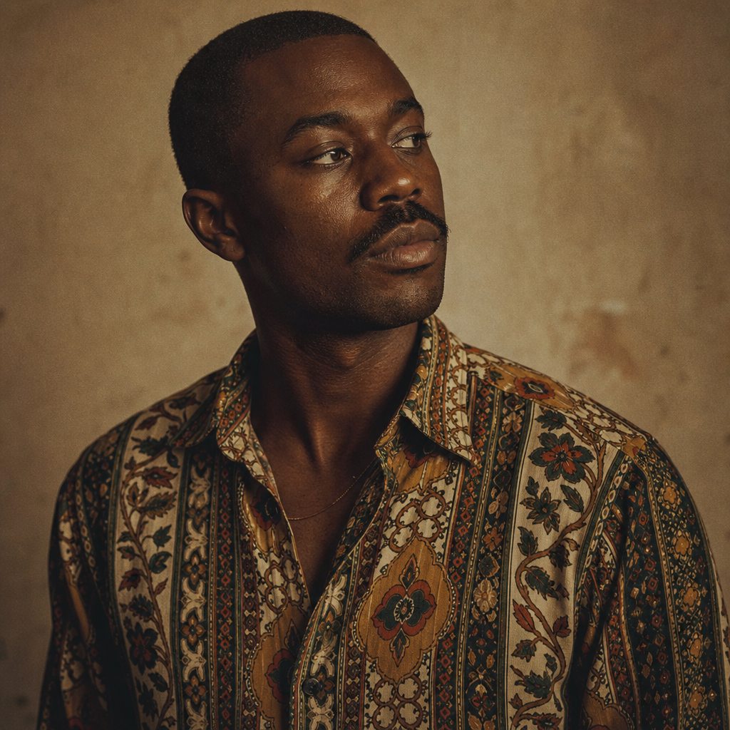 Portrait of a man with deep brown skin, close-cropped hair, and a vintage patterned shirt, photographed in soft moody light