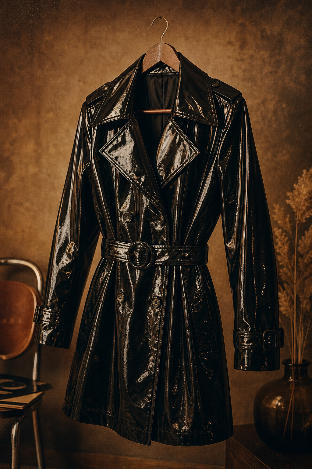 glossy black 1970s vinyl trench jacket with wide lapels and a cinched waist on a warm studio backdrop