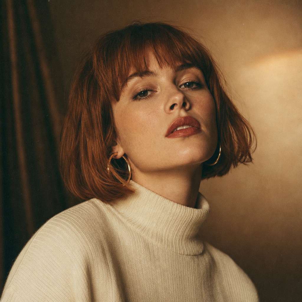 Portrait of a stylish woman with a short auburn bob, wearing a cream turtleneck and gold hoop earrings against a warm studio backdrop