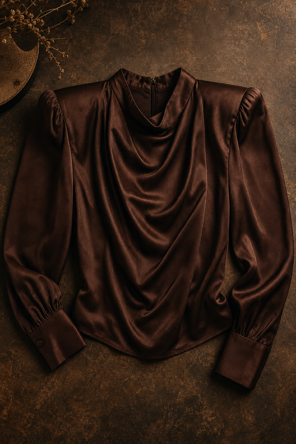 rich espresso-brown 1980s satin blouse with strong shoulder pads and a draped neckline against a textured backdrop
