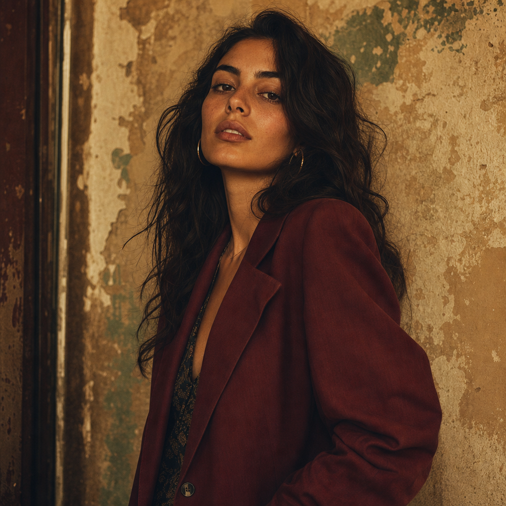 Portrait of a woman with olive skin, long dark wavy hair, and a burgundy blazer, set against a textured vintage wall