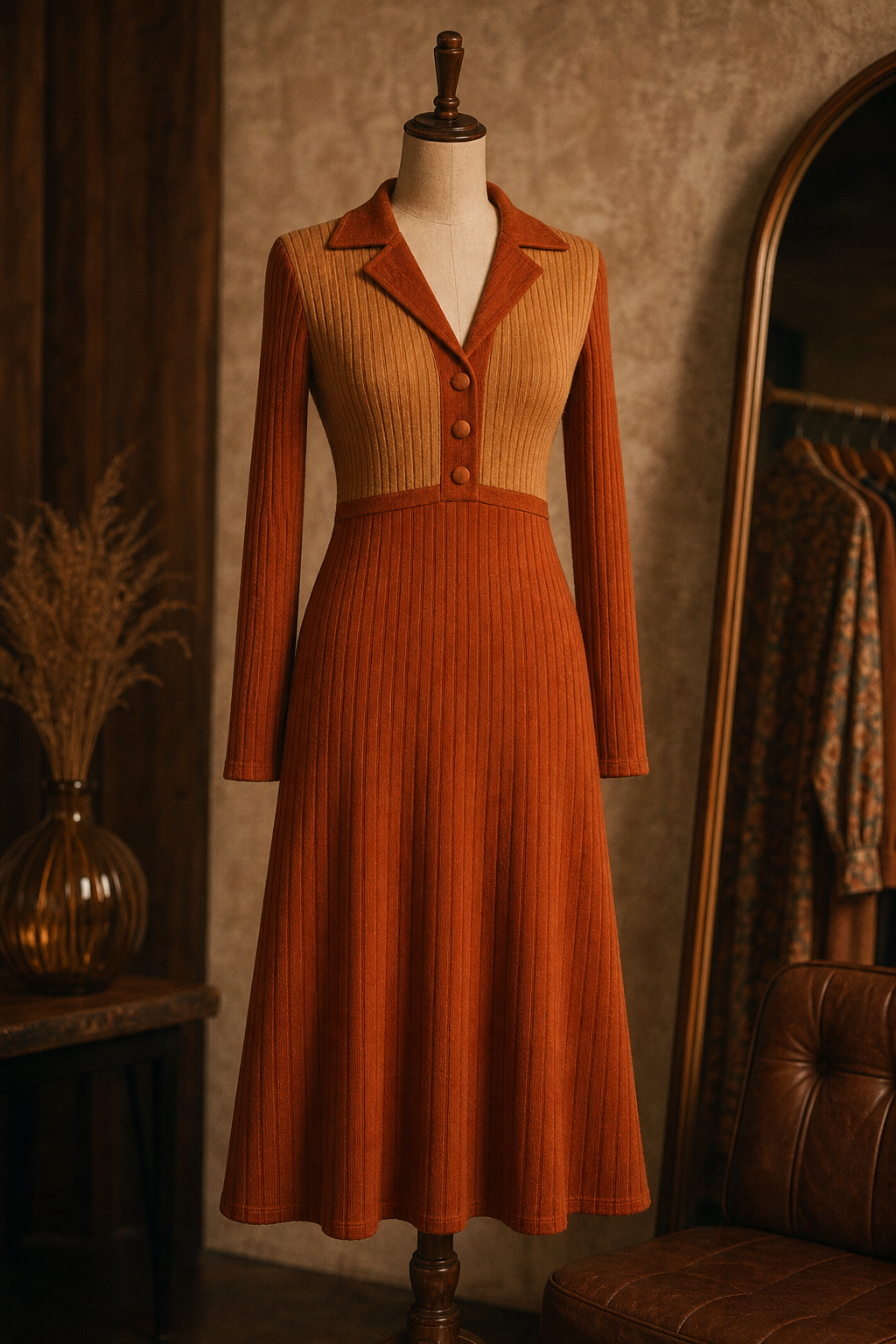 burnt orange and camel 1970s knit midi dress with ribbed texture and a soft A-line silhouette