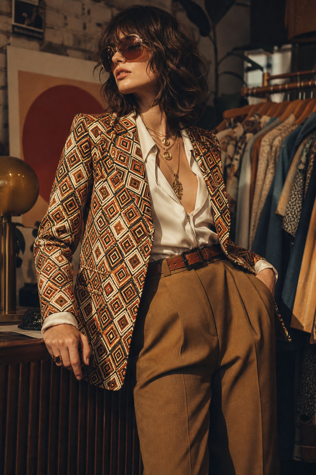 Editorial photo of a vintage fashion model in a bold 70s patterned blazer and high-waisted trousers, warm film lighting
