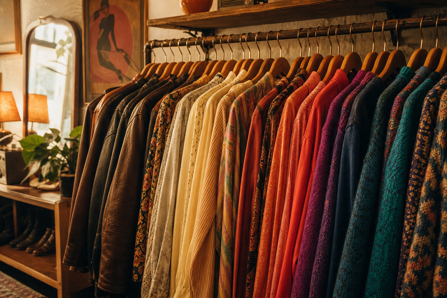 Warmly lit boutique rack with patterned 70s and 80s garments, leather jackets, and silk blouses arranged by color