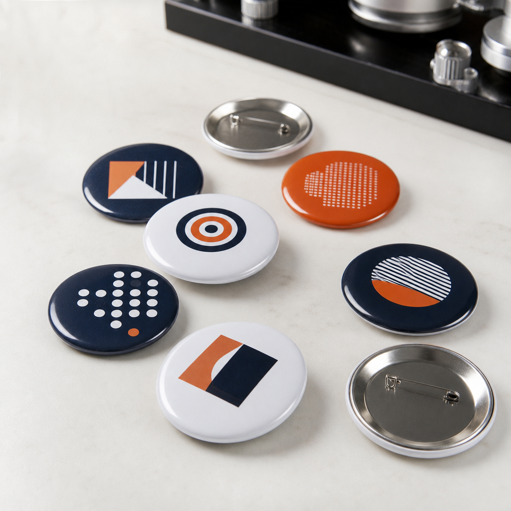 Fotografía real de botones publicitarios metálicos circulares de 58 mm con acabados brillantes y colores de campaña sobre mesa de corte