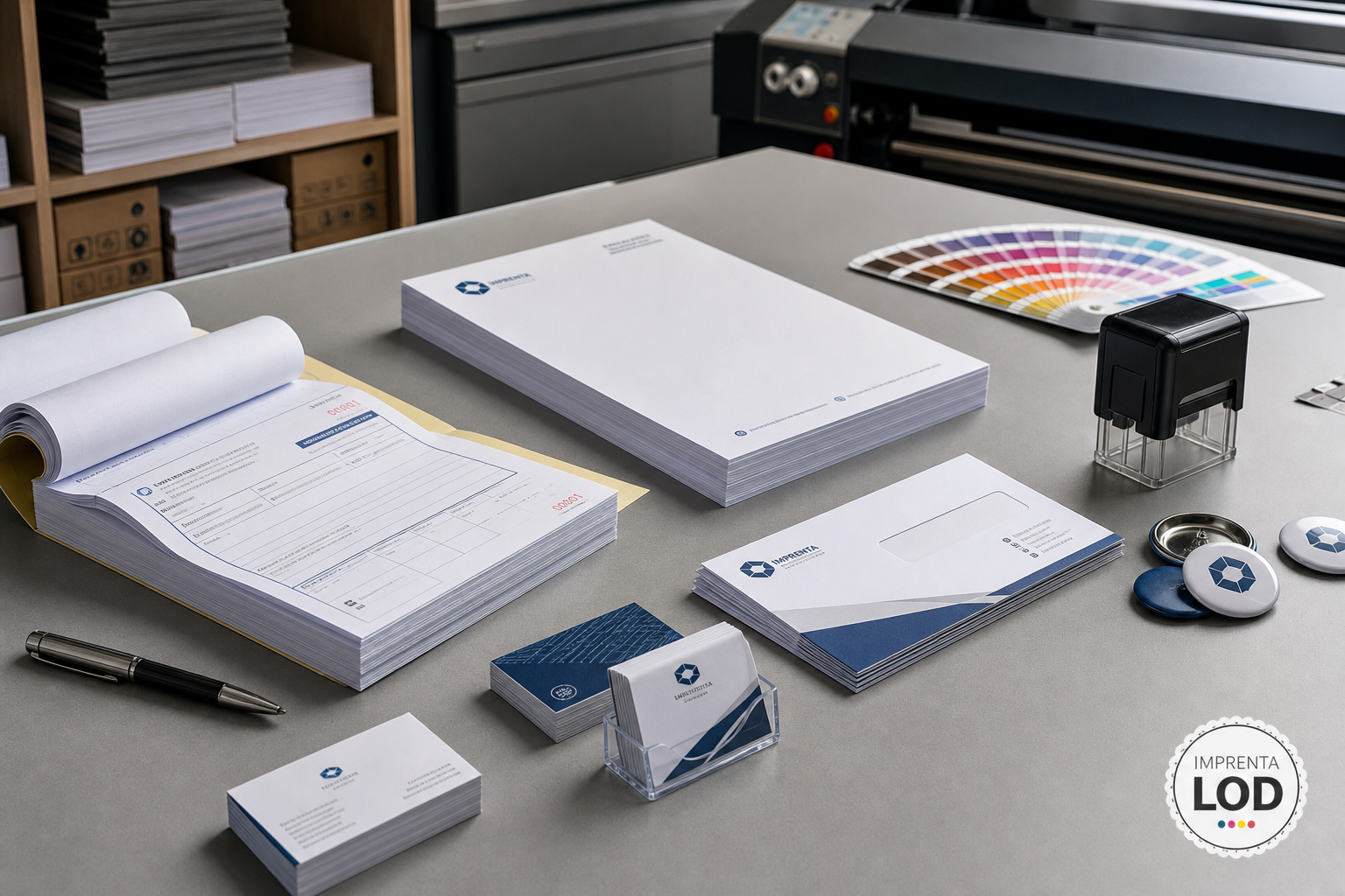 Mesa de trabajo de imprenta con tarjetas y papelería en preparación
