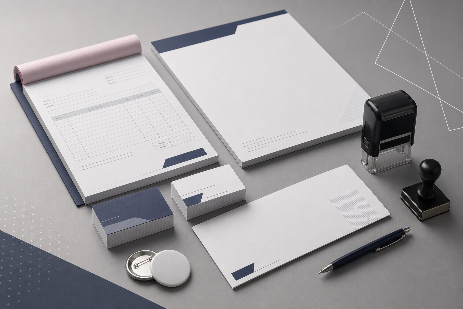 Materiales impresos comerciales ordenados sobre escritorio limpio