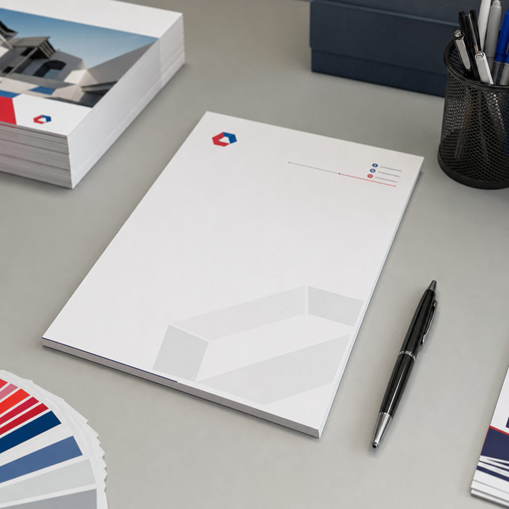 Fotografía real de papelería membretada corporativa con hojas tamaño carta, sobre y carpeta coordinados sobre escritorio de impresión