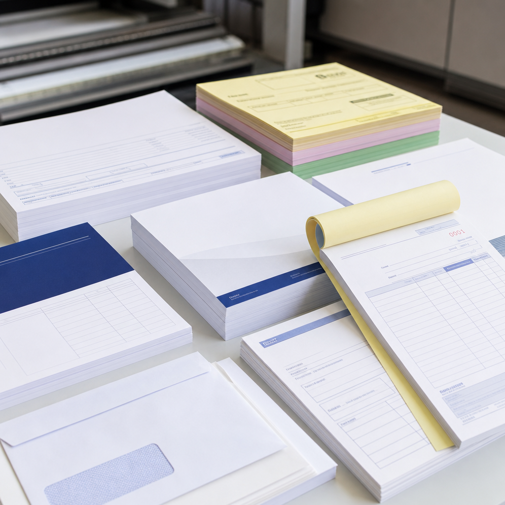 Fotografía real de papelería comercial variada con sobres kraft, blocks de recibos y formatos administrativos ordenados en cuadrícula