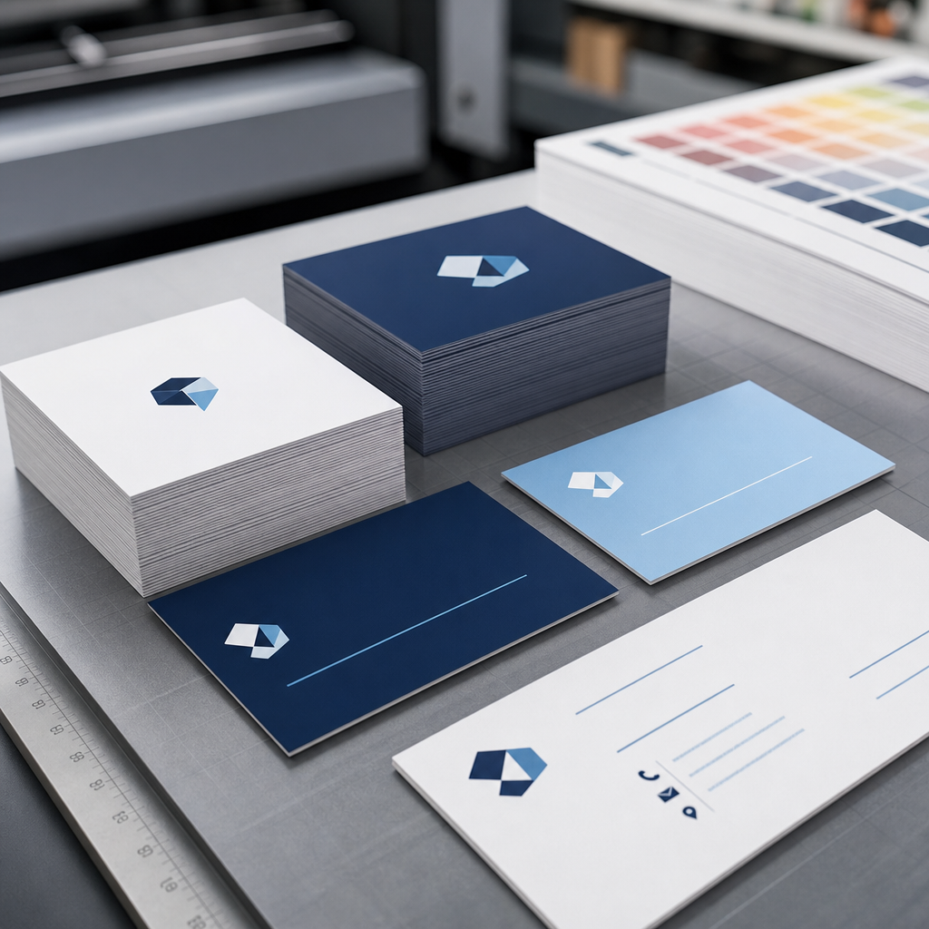Fotografía real de tarjetas de presentación premium en blanco y azul marino, alineadas en composición editorial sobre superficie neutra