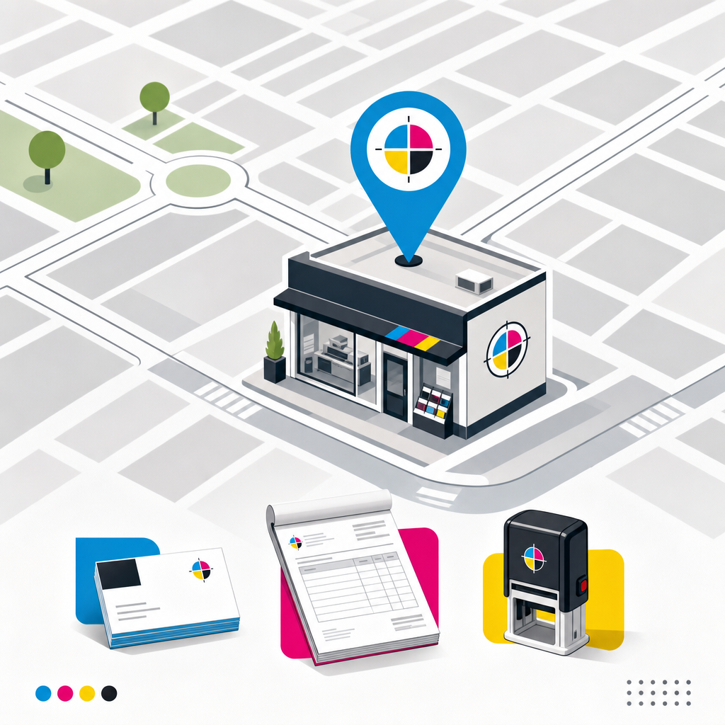 Ilustración de mapa urbano con marcador de imprenta, referencias de calles y elementos de papelería comercial